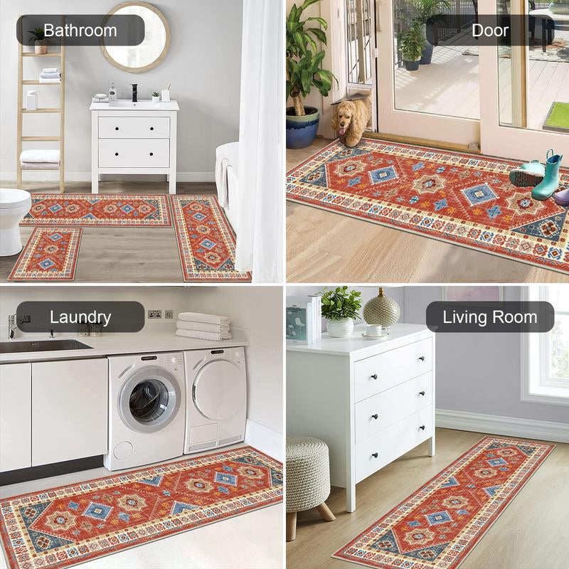 HEBE Washable Boho Kitchen Rug Sets 3 Piece with Runner Non Slip Kitchen Rugs and Mats Kitchen Mats for Floor Thick Kitchen Floor Mat Carpet Runner Rugs for Hallway Laundry Holiday Decor