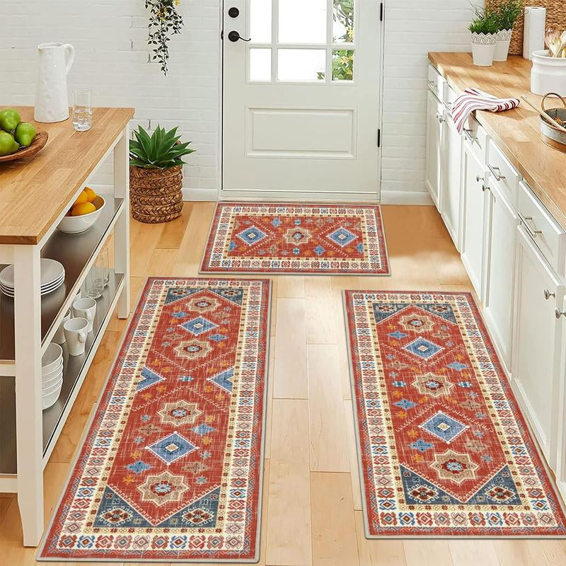HEBE Washable Boho Kitchen Rug Sets 3 Piece with Runner Non Slip Kitchen Rugs and Mats Kitchen Mats for Floor Thick Kitchen Floor Mat Carpet Runner Rugs for Hallway Laundry Holiday Decor