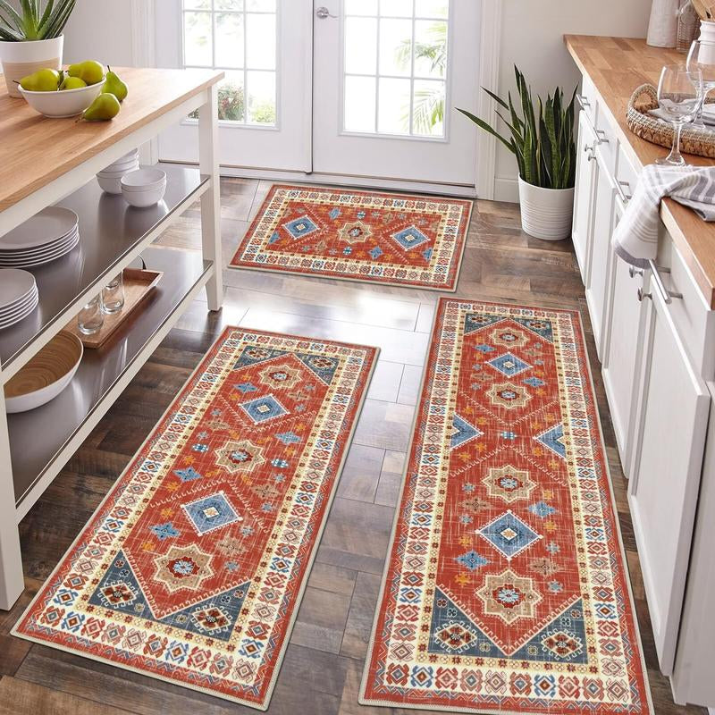 HEBE Washable Boho Kitchen Rug Sets 3 Piece with Runner Non Slip Kitchen Rugs and Mats Kitchen Mats for Floor Thick Kitchen Floor Mat Carpet Runner Rugs for Hallway Laundry Holiday Decor