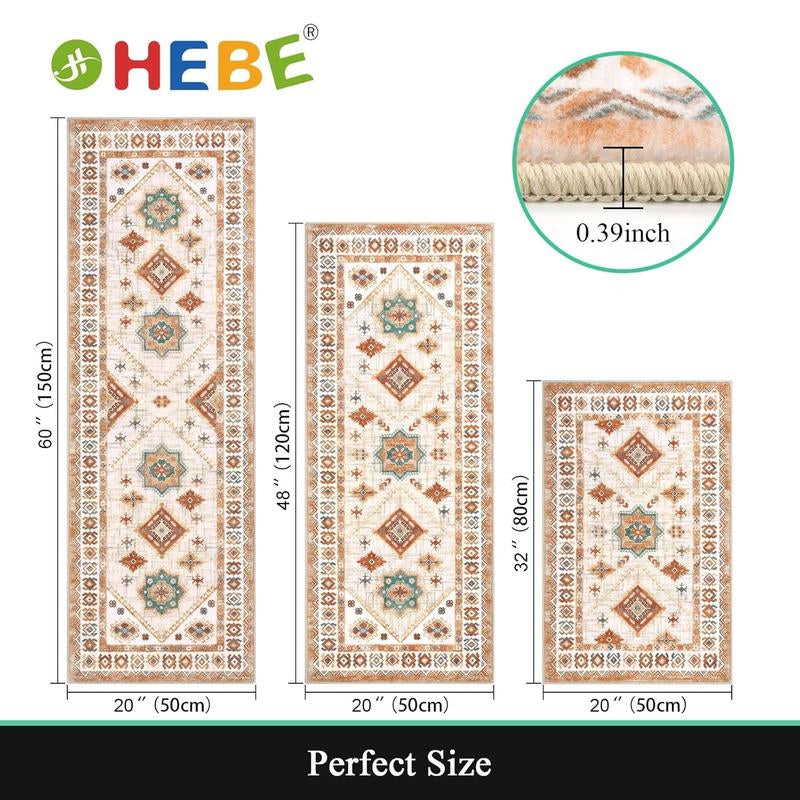 HEBE Washable Boho Kitchen Rug Sets 3 Piece with Runner Non Slip Kitchen Rugs and Mats Kitchen Mats for Floor Thick Kitchen Floor Mat Carpet Runner Rugs for Hallway Laundry Holiday Decor